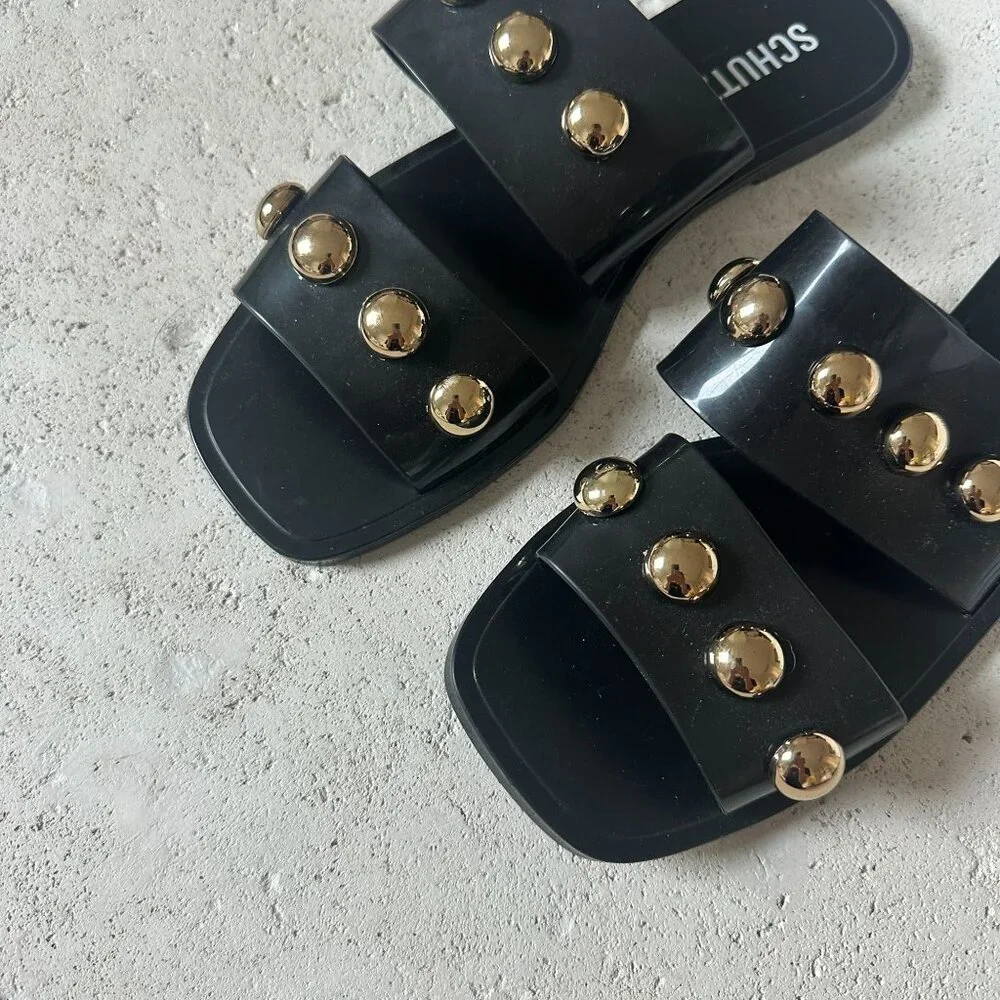 Schutz Lizzie Slide‎ Sandals Black Gold Studs Jelly Size 9 - Picture 4 of 9